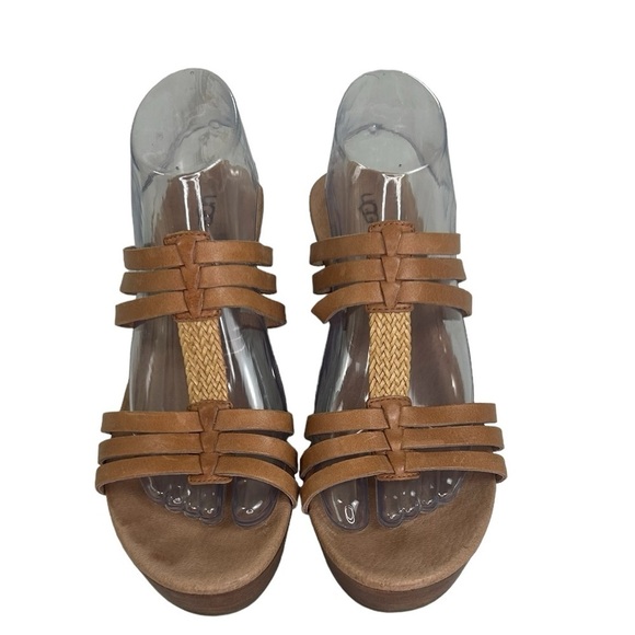 UGG Women's SZ 10 Mattie Tan Leather Strappy Slip On Platform Wood Wedge Sandals - Picture 1 of 12